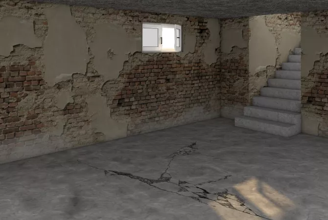 Abbildung eines Kellers mit feuchten Wänden und kaputtem Putz