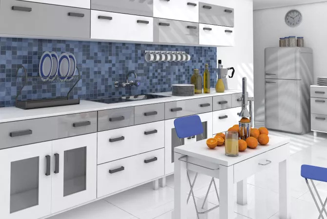 Abbildung der fertigen Küche mit Fliesenspiegel auf Wand und Boden