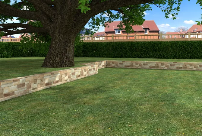 Abbildung eines Gartens mit Rasen und Mauer