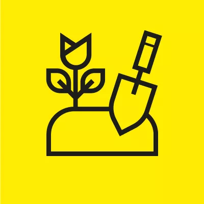 Blume und Gartenschaufel Icon mit gelbem Hintergrund