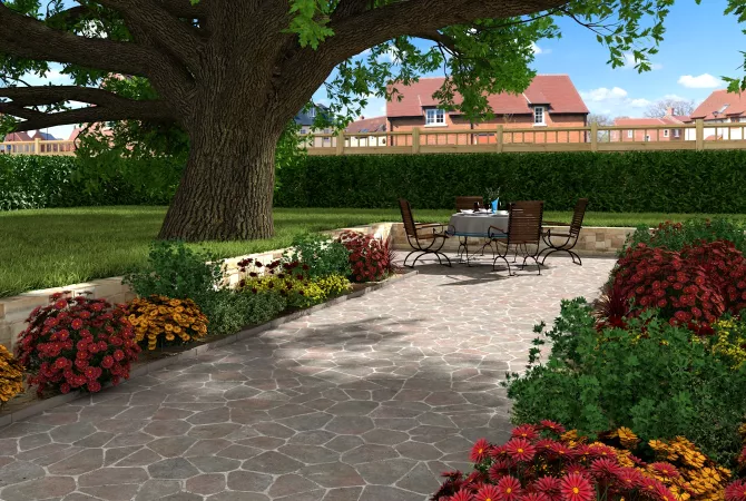 Abbildung eines Gartens mit Weg, Blumen, Tisch und Stühlen
