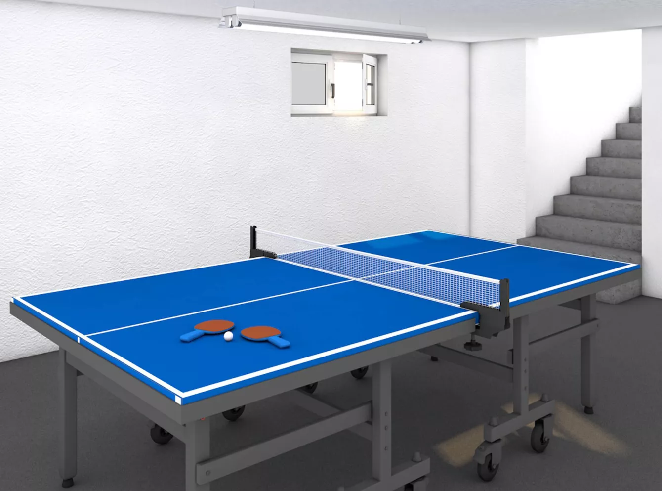 Blauer Ping-Pong Tisch in einem Keller