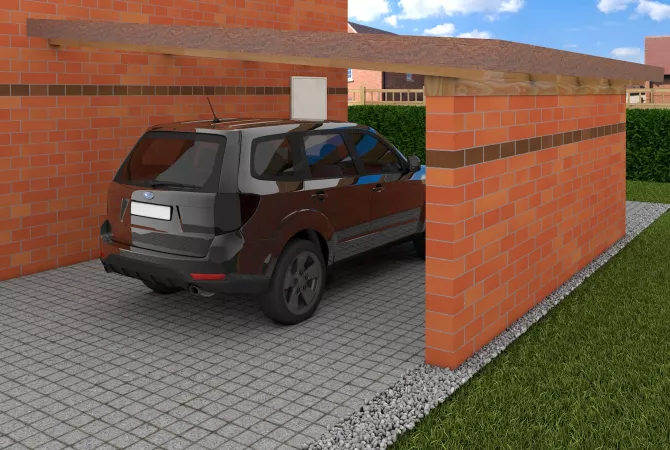 Abbildung eines parkenden Autos, geschützt durch eine nebenstehende Mauer mit Holzdach.