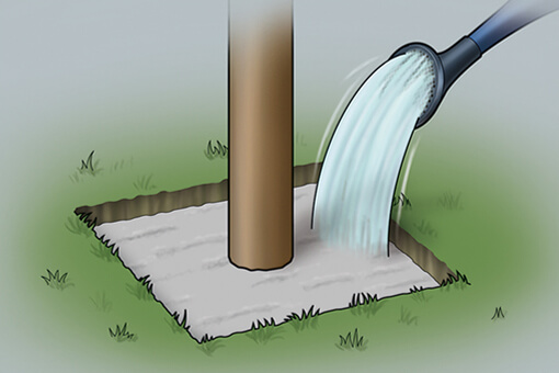 Abbildung einer Gießkanne, die Beton im Fundamentloch mit Wasser benetzt